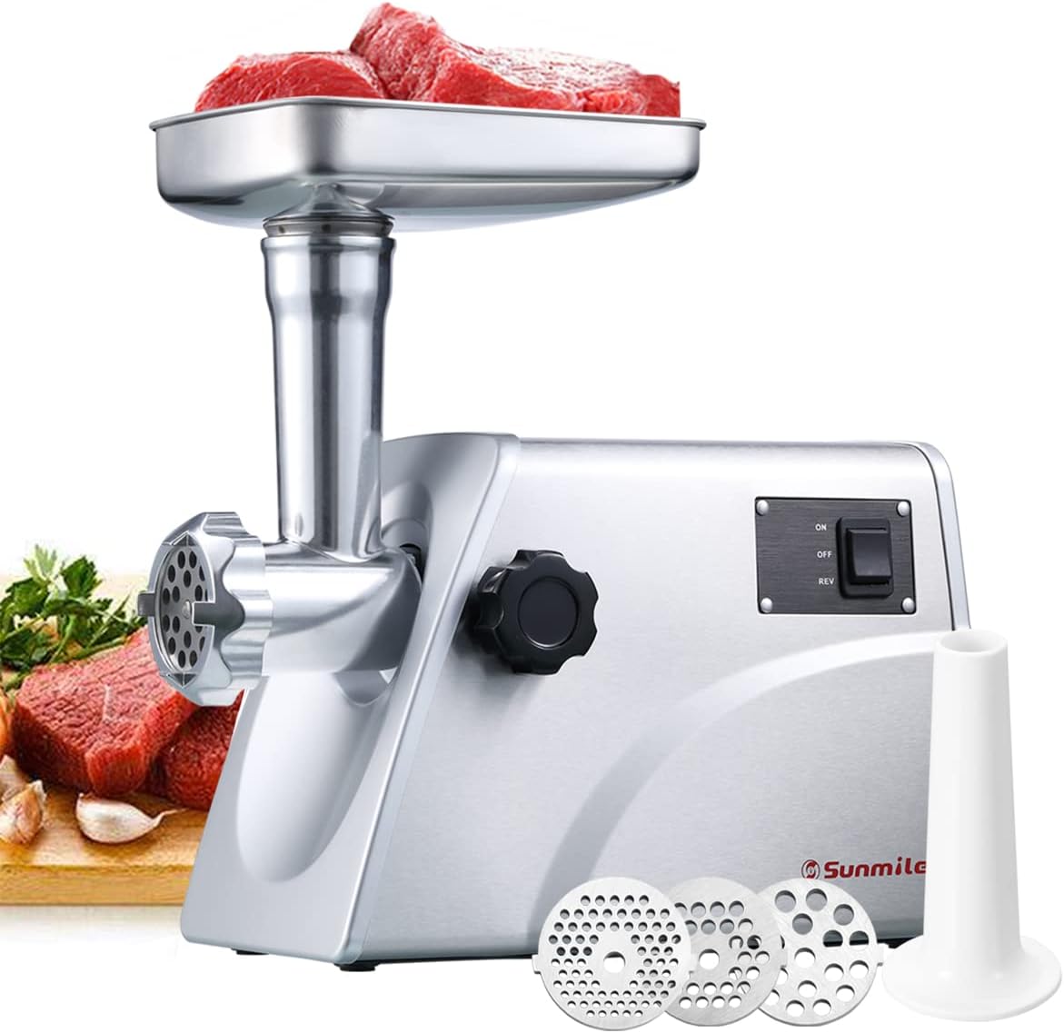 61fLrfPyq4L._AC_SL1200_ Sunmile SM-G33 Electric Meat Grinder - 1HP 800W Max Power - ETL Stainless Steel Meat Grinder Mincer Sausage Stuffer, Stainless Steel Blade and Plates and 1 Sausage Maker - Image 1