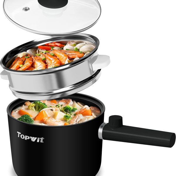 Topwit Hot Pot Electric with Steamer, 1.5L Ramen Cooker, Non-Stick Frying Pan, Electric Pot for Pasta, BPA Free, Electric Cooker with Dual Power Control, Over-Heating & Boil Dry Protection, Black