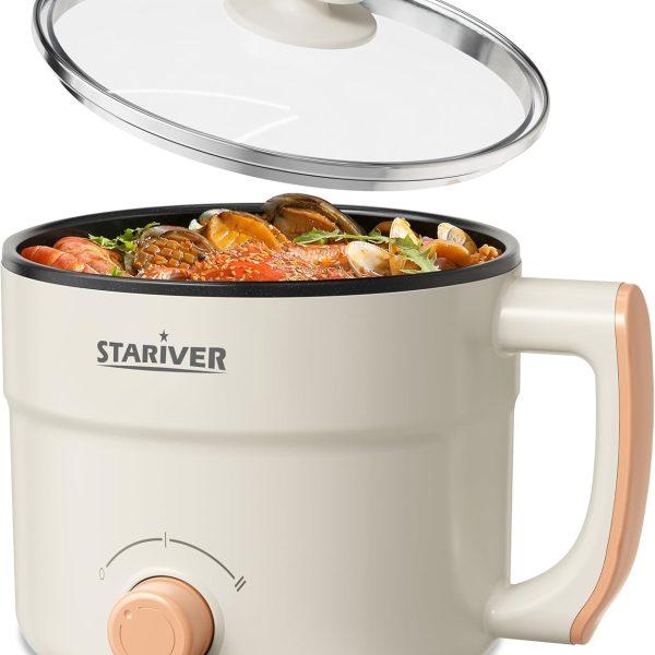 Stariver 1.5L Electric Hot Pot with Dual Power - Mini Portable Non-Stick Noodle Cooker for Ramen, Soup, Pasta, Egg, Oatmeal - Overheat & Boil-Dry Protection - Ideal for Dorm, Office, Travel Gift