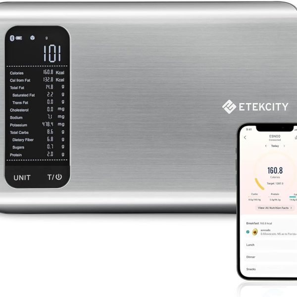 Etekcity Smart Food Kitchen Scale with Nutritional Calculator, Free App with 19 Nutrients Tracking, Calorie, Marco, Digital grams and ounces for weight loss, Premium Stainless Steel, 11lb
