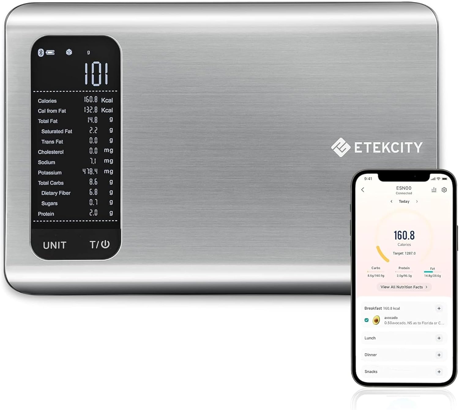 71h1DcDREBL._AC_SL1500_ Etekcity Smart Food Kitchen Scale with Nutritional Calculator, Free App with 19 Nutrients Tracking, Calorie, Marco, Digital grams and ounces for weight loss, Premium Stainless Steel, 11lb - Image 1