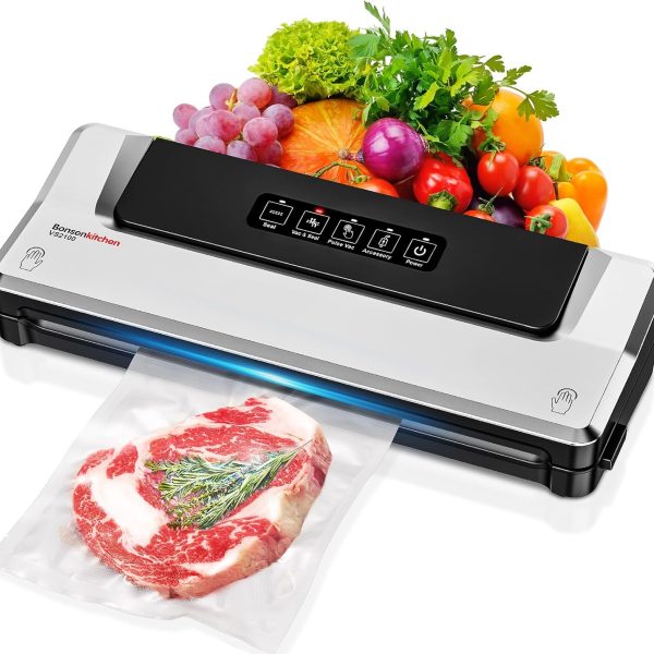 Bonsenkitchen Vacuum Sealer Machine, Precision-Compact 4-in-1 Food Sealer Machine, Multi-Functional Food Vacuum Sealer with & Accessory Hose, Bright Silver