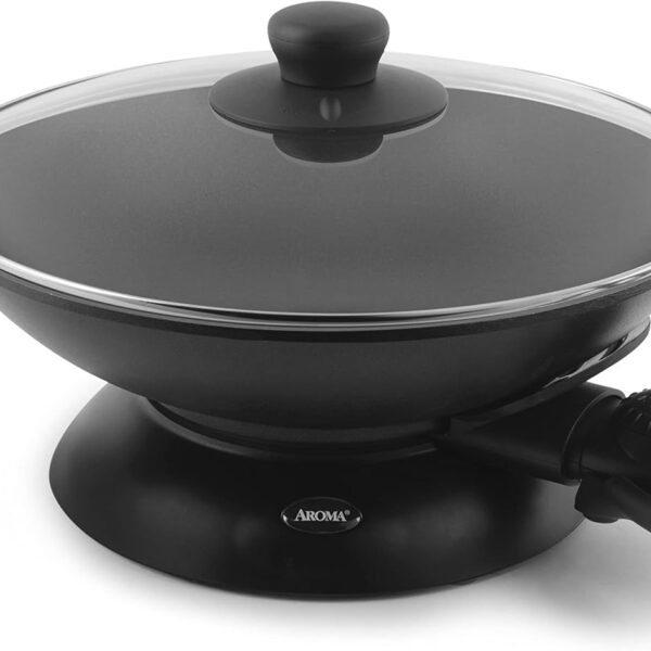 Aroma Housewares AEW-306 Electric Wok with Tempered Glass Lid Easy Clean Nonstick, Cooking Chopsticks, Tempura and Steaming Racks, Professional Model, Black