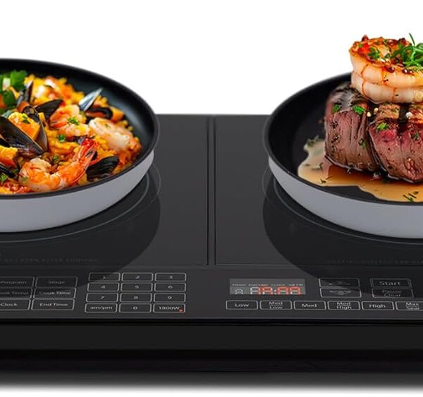 Nuwave Double Cooktop Induction Countertop Burner, Portable, 900 & 1800W, 100°F to 575°F, Large 8” Heating Coil, 50 Pre-Programmed Settings, Shatter-Proof Ceramic Glass, Built-In Safety Auto Shut Off