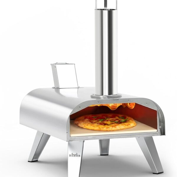BIG HORN OUTDOORS 12" Woodfire Pizza Stone Oven, 887°F Outdoor Stainless Pizza Cooker, Portable for Party Usage, Sliver