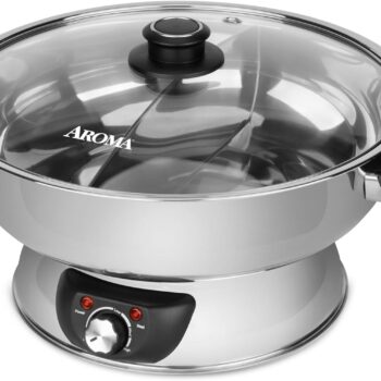 Aroma Housewares ASP-610 Dual-Sided Shabu Hot Pot, 5Qt, Stainless Steel Aroma Housewares 3 Uncooked/6 Cups Cooked Rice Cooker, Steamer, Multicooker, 2-6 cups, Black