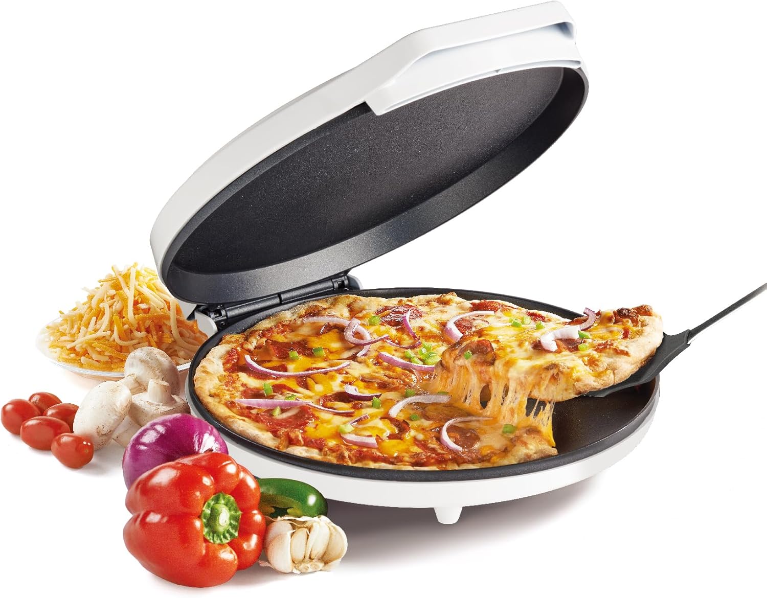 Betty Crocker Pizza Maker Plus, 12" Indoor Electric Grill, Nonstick Griddle Pan for Pizzas, Quesadillas, Tortillas, Nachos and more, 12" Electric Griddle for Delicious Meals and Snacks, White Betty Crocker Pizza Maker Plus, 12" Indoor Electric Grill, Nonstick Griddle Pan for Pizzas, Quesadillas, Tortillas, Nachos and more, 12" Electric Griddle for Delicious Meals and Snacks, White