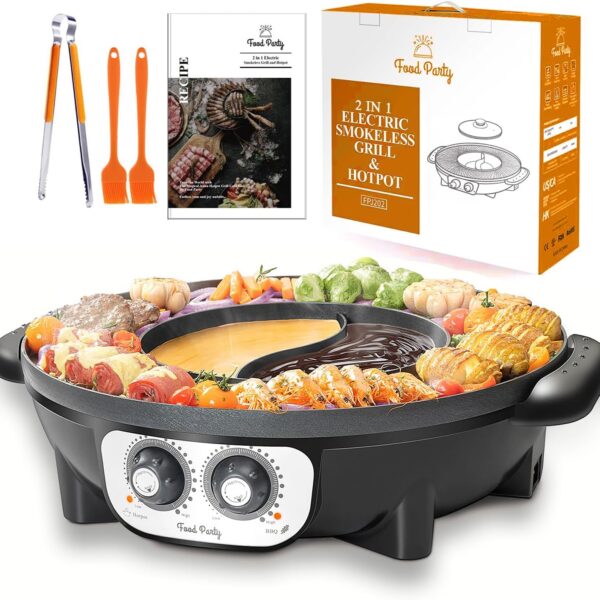 Food Party Hot Pot with Grill 2 in 1 Electric Smokeless Grill and Hotpot Pot Combo Korean BBQ Grill 110V 1700W