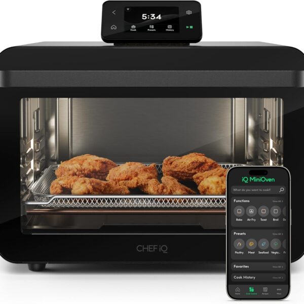 CHEF iQ MiniOven Smart Toaster Oven Air Fryer Combo, 11-in-1 Countertop Convection Oven, Bake, Broil, Air Fry, Broil, Dehydrate, 1750W, 25 Qt Capacity, Fast Cooking with Touchscreen Controls – Black