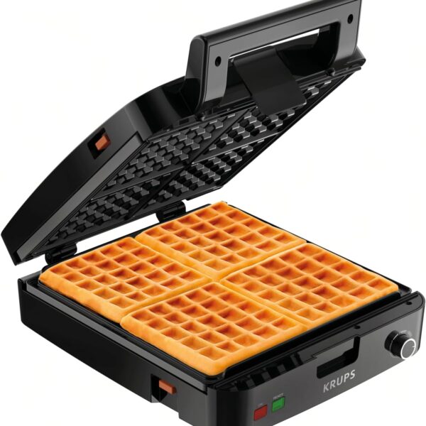 KRUPS 4-Slice Belgian Waffle Maker: Stainless Steel, 5 Browning Levels, Audible Ready Beep, Removable Plates, 1200W, Silver/Black, Large Waffle Maker Family Size, Great for Family Breakfasts