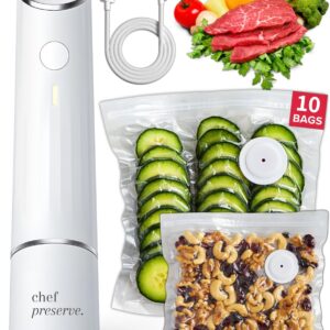 Chef Preserve Compact Vacuum Sealer for Food (Vacuum Sealer Machine + 10 Reusable Vacuum Bags) Powerful Handheld Vacuum Sealer Machine, Seal Meal Saver, Portable Food Sealer