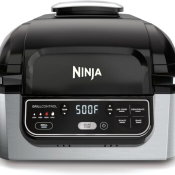 Ninja | Indoor Grill | Foodi | 5-in-1 (Grill, Air Fry, Roast, Bake, and Dehydrate | Fits up to 3lb Roast | Smoke Control System and Dishwasher Safe Parts| Black/Grey | AG301