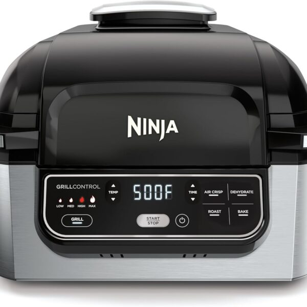 Ninja | Indoor Grill | Foodi | 5-in-1 (Grill, Air Fry, Roast, Bake, and Dehydrate | Fits up to 3lb Roast | Smoke Control System and Dishwasher Safe Parts| Black/Grey | AG301