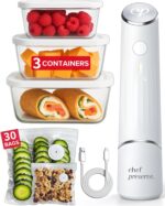 Chef Preserve Compact Vacuum Sealer for Food (Vacuum Sealer Machine + 3 Glass Vacuum Containers + 30 Reusable Vacuum Bags) Powerful Handheld Vacuum Seal Machine, Seal Meal Saver, Portable Food Sealer