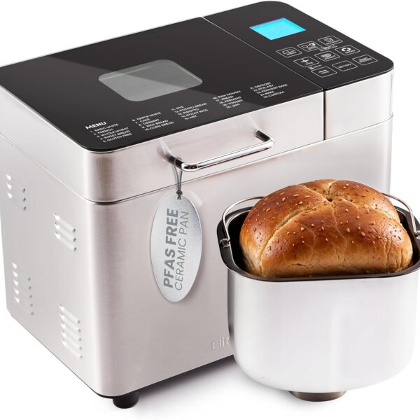 Elite Gourmet EBM8224MM Programmable 2 Lb. Bread Maker, PFAS free Ceralast™ Ceramic Pan, Touch Screen Control Panel, 19-Functions, Gluten Free, White, Wheat, Rye & more, 3 Loaf Sizes, Stainless Steel