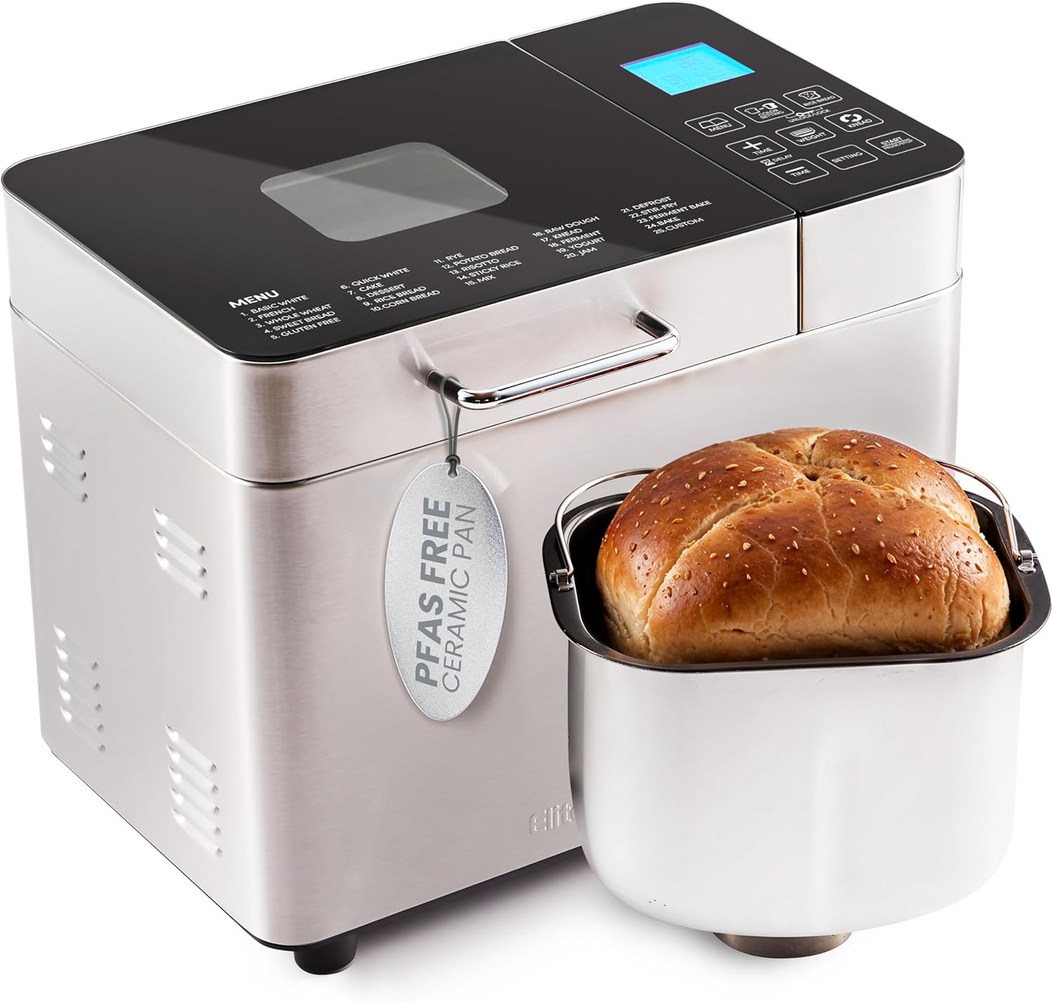 Elite Gourmet EBM8224MM Programmable 2 Lb. Bread Maker, PFAS free Ceralast™ Ceramic Pan, Touch Screen Control Panel, 19-Functions, Gluten Free, White, Wheat, Rye & more, 3 Loaf Sizes, Stainless Steel Elite Gourmet EBM8224MM Programmable 2 Lb. Bread Maker, PFAS free Ceralast™ Ceramic Pan, Touch Screen Control Panel, 19-Functions, Gluten Free, White, Wheat, Rye & more, 3 Loaf Sizes, Stainless Steel