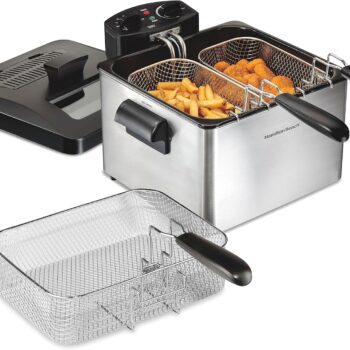 Hamilton Beach Electric Deep Fryer with 3 Baskets and Lid, 4.5 Liters / 19 Cups Oil Capacity, Temperature Control, View Window, Professional Style, 1800 Watts, Stainless Steel (35034)