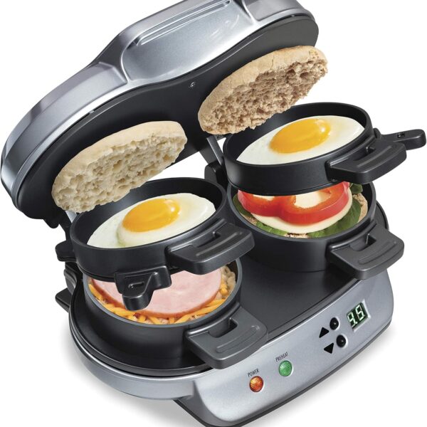 Hamilton Beach Dual Breakfast Sandwich Maker with Timer, Ready in 5 Minutes, Removable Dishwasher Safe PFAS-Free Non-Stick Egg Cooker Ring, Silver (25490MNA)