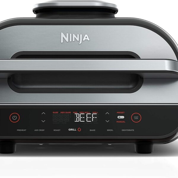 Ninja | Indoor Grill and Air Fryer| Foodi Smart XL | 6-in-1 Grill, Air Fry, Roast, Bake, Broil, Dehydrate & Crisp |Smart Thermometer & Splatter Shield | Dishwasher Safe Parts | Black/Silver | FG551