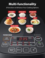 TOSHIBA Rice Cooker Small 3-Cup Uncooked– LCD Display with 8 Cooking Functions: Rice, Oatmeal, Mixed Grains and More, NonStick Inner Pot, Grey