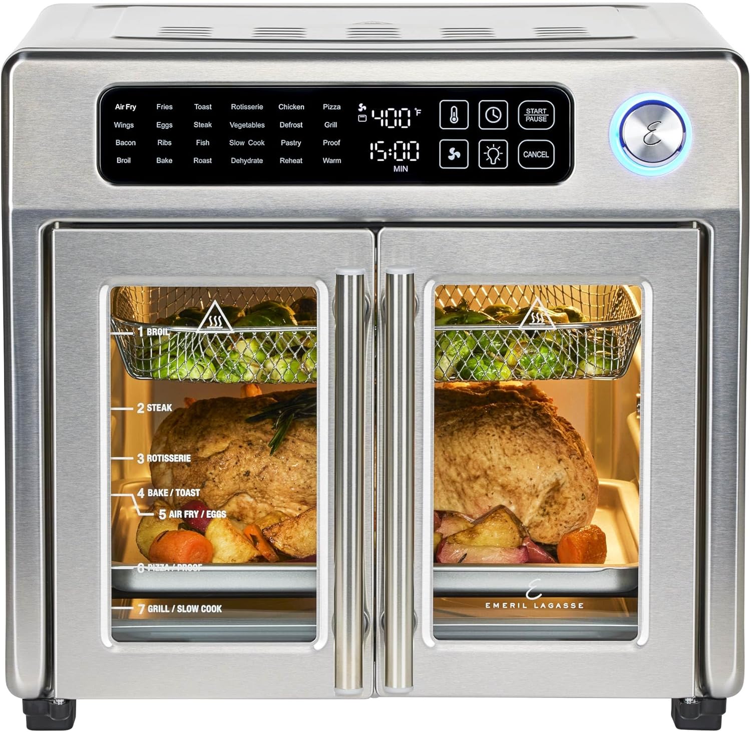 Emeril Lagasse Extra Large French Door Air Fryer Toaster Oven Combo, 24 Cooking Functions and Digital Controls, 7 Accessories Included, Stainless Steel Finish, 26QT Capacity Emeril Lagasse Extra Large French Door Air Fryer Toaster Oven Combo, 24 Cooking Functions and Digital Controls, 7 Accessories Included, Stainless Steel Finish, 26QT Capacity