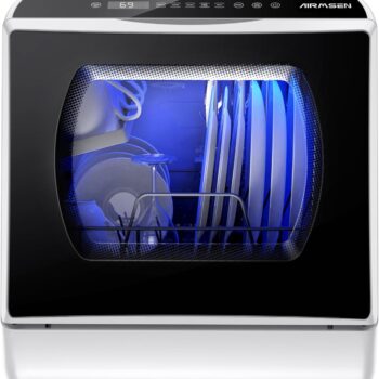 AIRMSEN Portable Countertop Dishwashers, 5 Washing Programs Mini Dishwashers with 5 L Built-in Water Tank and Double-layered Glass Door, No Hookup Needed for Home, Apartments & RVs