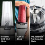 Ninja BN301 Nutri-Blender Plus Compact Personal Blender, 900-Peak-Watt Motor, Frozen Drinks, Smoothies, Sauces & More, (3) 20 oz. To-Go Cups, (2) Spout-Lids (1) Storage-Lid, Dishwasher Safe, Silver
