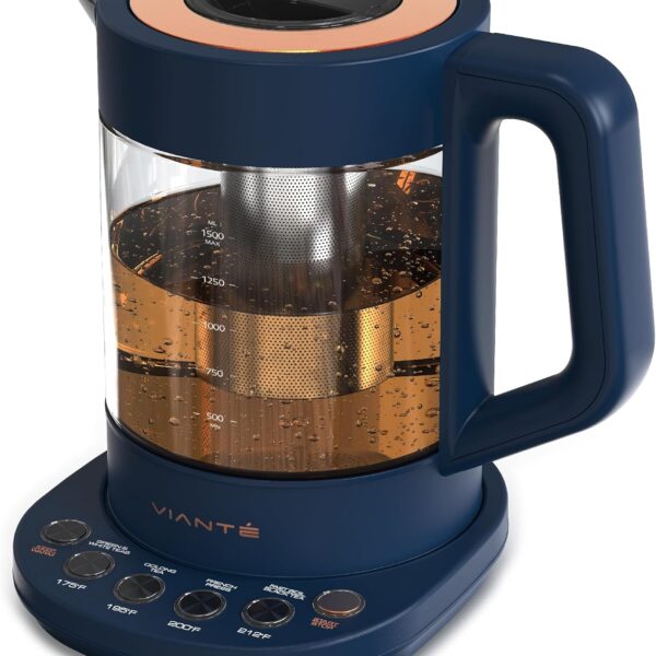 Vianté Electric Kettle With Infuser For Loose Leaf Tea. Hot Tea Maker With Temperature Control And Automatic Shut Off. Kettle With Brewing Programs. 1.5 Liters Capacity | Midnight Blue Color