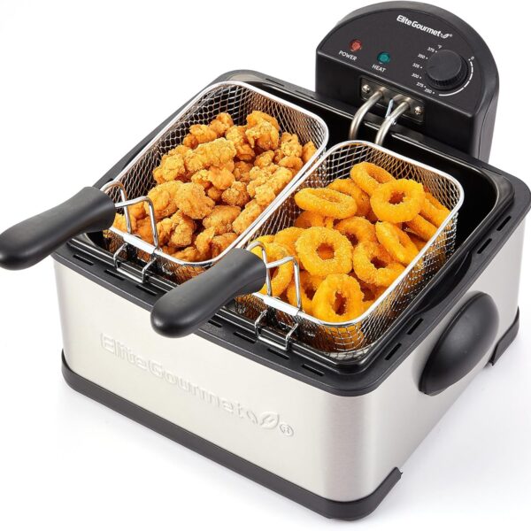 Elite Gourmet EDF434 Electric Deep Fryer 4.5 Quart Oil Capacity with Temperature Knob, 2 Baskets, Powerful 1700 Watts, Lid with Anti-Odor Filter & Viewing Window, Stainless Steel